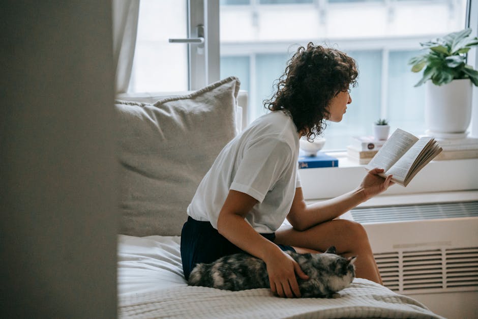 Side view concentrated young female in casual clothes enjoying interesting story while sitting on comfortable bed with lazy cute cat in modern light bedroom