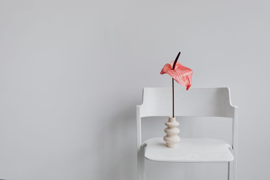 Elegant anthurium flower in a unique vase on a minimalist white chair against a clean white background.
