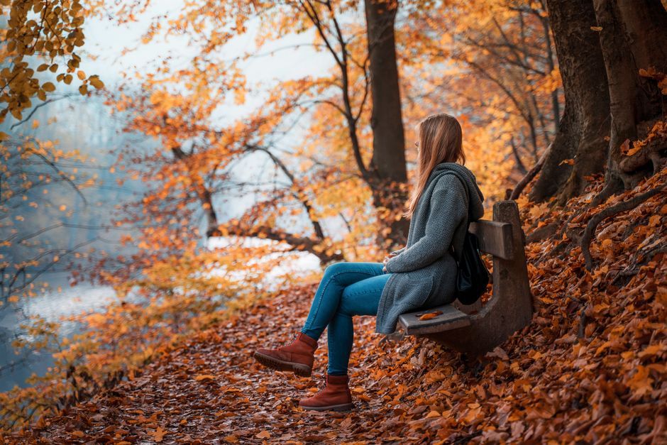 A woman sitting on a bench in a vibrant autumn forest, enjoying nature's colors.