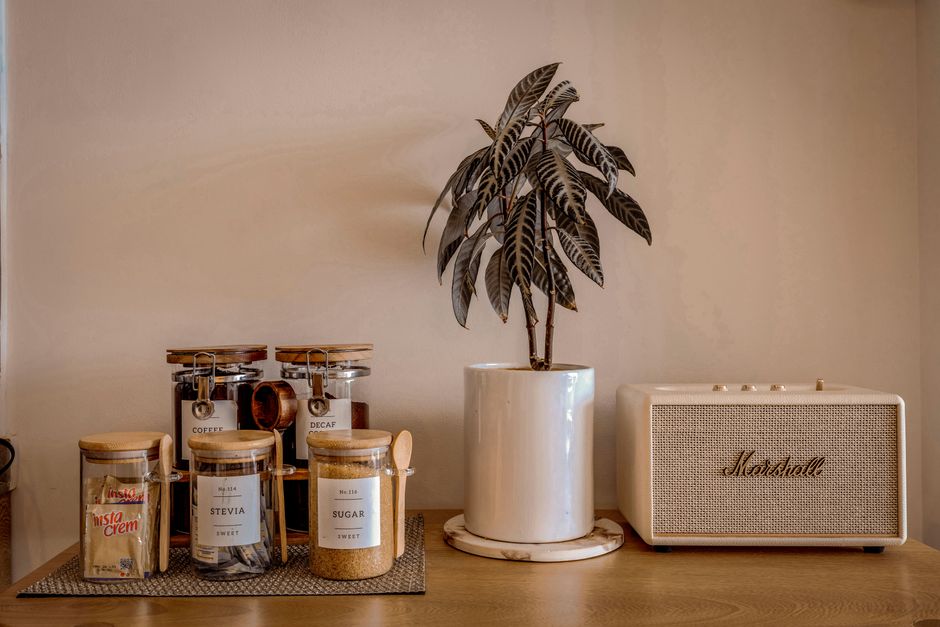 Aesthetic indoor setup with coffee jars, potted plant, and retro speaker.