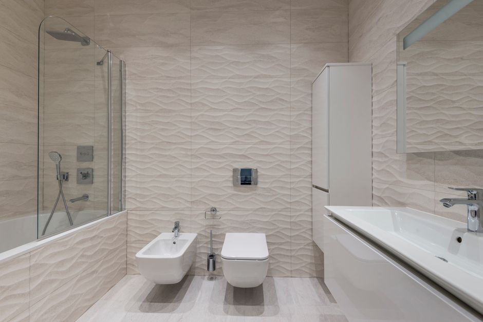 Elegant modern bathroom with minimalist design and stylish fixtures.