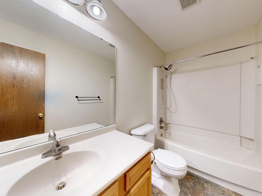 Spacious bathroom with modern fixtures including a bathtub, toilet, and sink.
